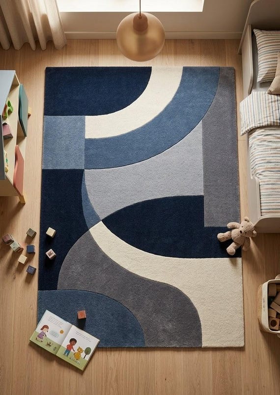 Modern Abstract Blue Wool Rug, Hand Tufted Geometric Mid Century Carpet, Navy Beige Minimalist Living Room Rug Custom Size