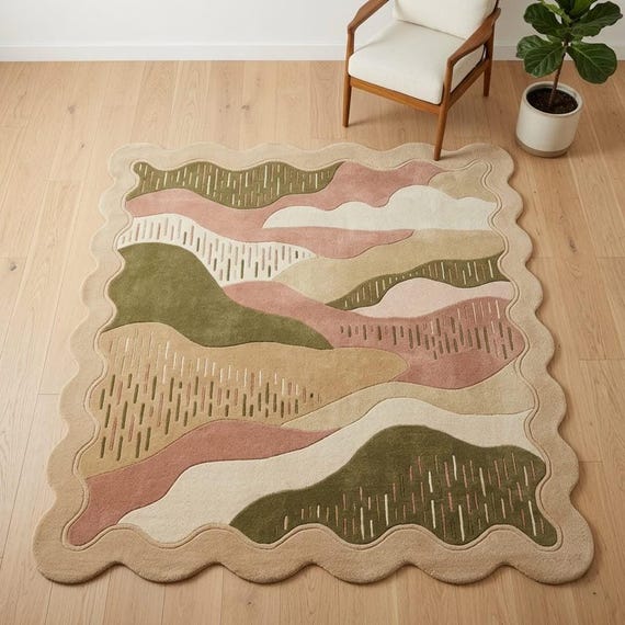Hand Tufted Wool Rug, Sage Green Terracotta Abstract Scalloped Carpet, Organic Nursery Area Rug