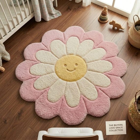 Pink Daisy Flower Rug, Hand Tufted Wool Kids Room Rug, Cute Floral Nursery Carpet, Soft Plush Area Rug, Playroom Decor Custom Size