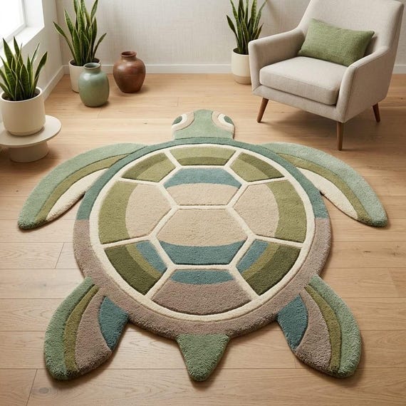 Hand Tufted Wool Turtle Rug, Coastal Sage Green Nursery Carpet