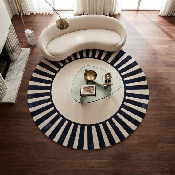 Modern Navy Blue & Cream Round Rug, Hand Tufted Wool Area Rug, Geometric Sunburst Nursery Rug, Minimalist Living Room Decor, Custom Size