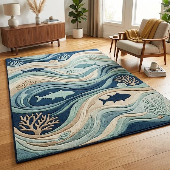 Ocean Theme Hand Tufted Wool Rug Blue Coastal Fish Pattern Area Rug for Nursery Living Room Modern Beach Decor Custom Size Available