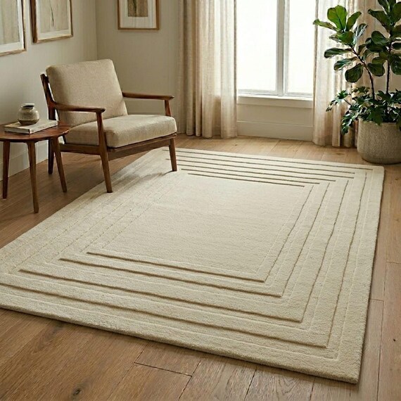 Modern Cream Handmade Wool Rug, Japandi Minimalist Area Rug, Sculpted Geometric Rug for Living Room, Custom Size 8x10 9x12