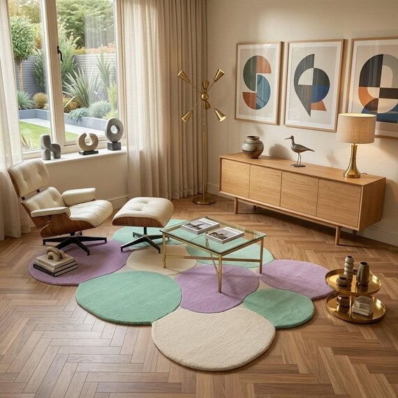 Pastel Bubble Rug, Hand Tufted Wool Area Rug, Modern Abstract Mint Lavender Carpet for Living Room, Custom Size