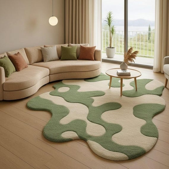Organic Abstract Green Cream Tufted Rug, Modern Irregular Shape Soft Cozy Home Decor