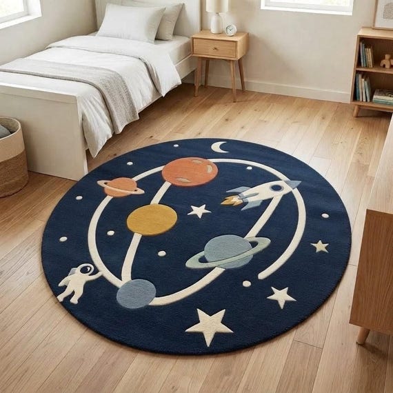 Space Rug Round, Outer Space Nursery Decor, Hand Tufted Wool Kids Room Carpet, Celestial Astronaut Galaxy Decor, Custom Size Available
