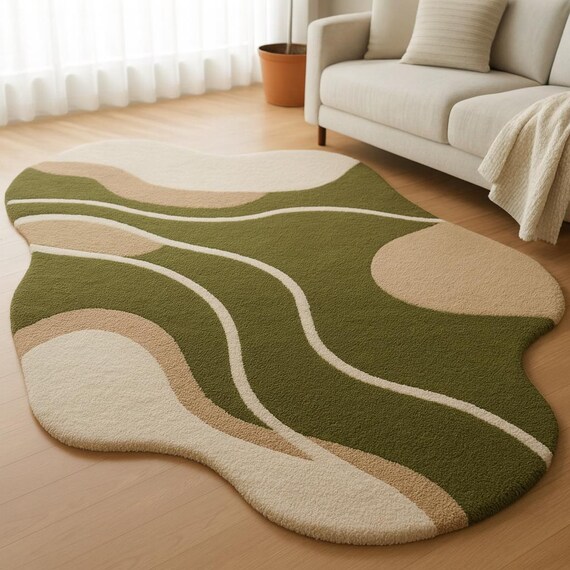 Handmade Wool Wave Area Rug – Modern Green Beige Carpet