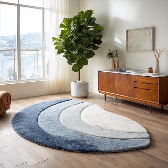 Hand Tufted Wool Area Rug: Mid-Century Modern Blue Abstract Design