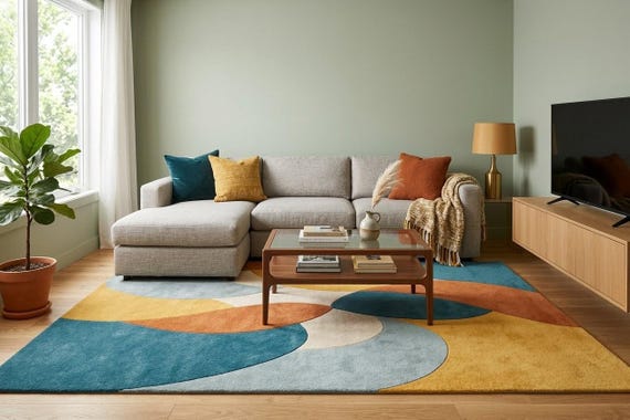 Abstract Area Rug Mid Century Modern Hand Tufted Wool Colorful Geometric Soft Living Room Rug Boho Decor 8x10 9x12 Custom Size