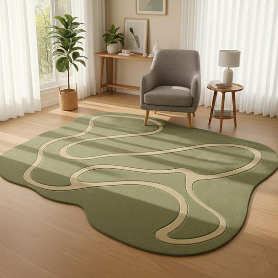 Sage Green Wool Area Rug, Modern Abstract Line Design, Handmade