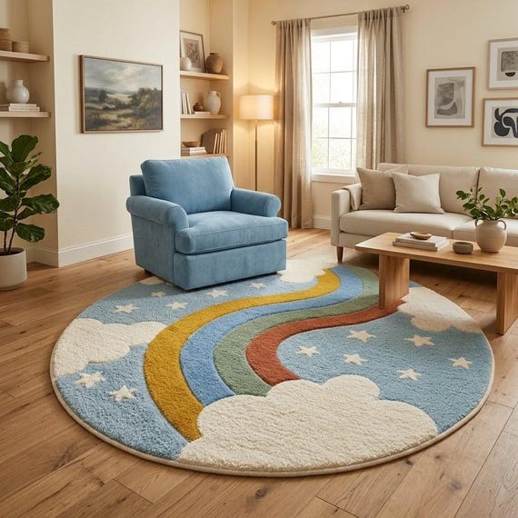 Hand Tufted Rainbow Cloud Rug, Kids Nursery Wool Area Rug, Round Playroom Carpet, Boho Baby Room Decor, Custom Size Available