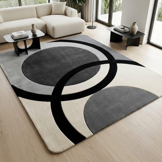 Modern Geometric Area Rug, Minimalist Black, Grey, & Cream Abstract Circle Design, Hand Tufted Wool Rug for Living Room, Custom Size