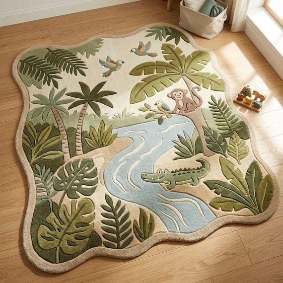 Hand Tufted Jungle Nursery Rug, Safari Animals Play Mat, Kids Bedroom Decor