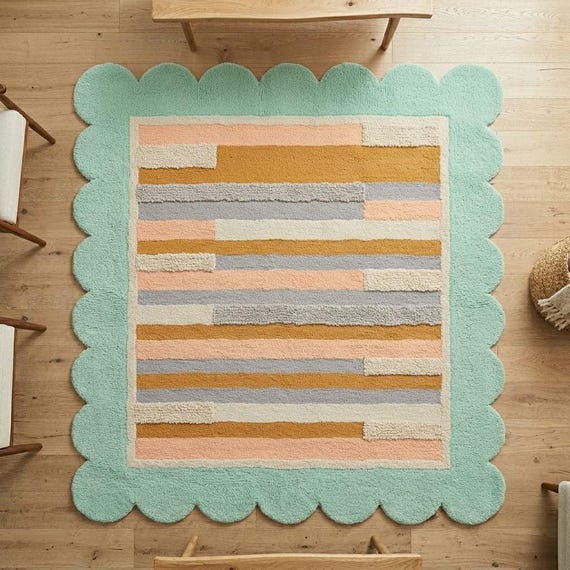 Pastel Scalloped Edge Rug, Hand Tufted Wool Area Rug, Modern Abstract Stripe Rug, Nursery Living Room Decor, Custom Size Rug