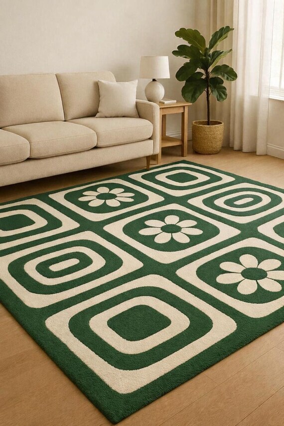 Green Floral Geometric Wool Rug | Mid Century Modern, Hand-Tufted
