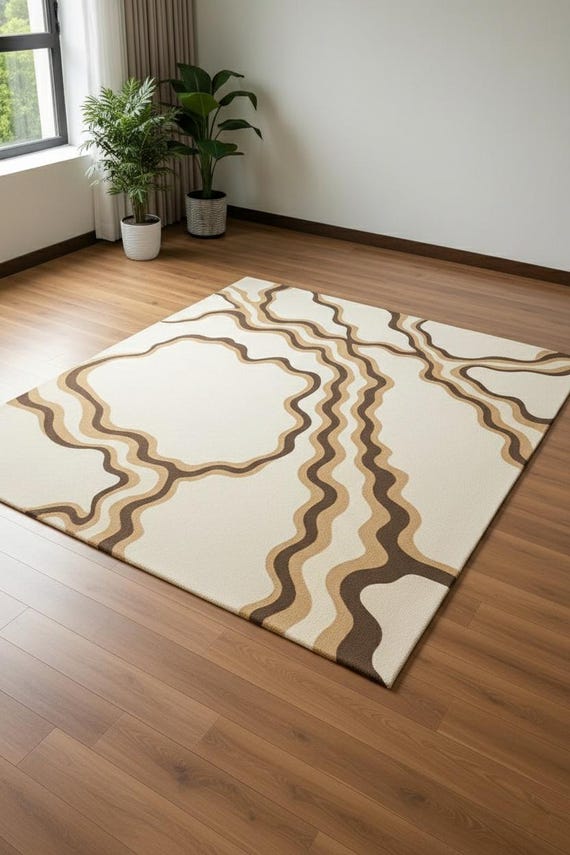 Beige Wave Pattern Area Rug – Modern Coastal Style