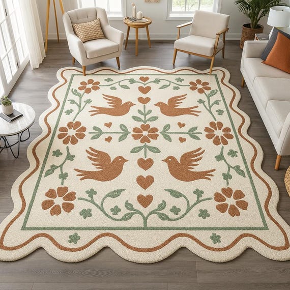 Handmade Wool Scalloped Rug, Folk Art Bird Floral Design