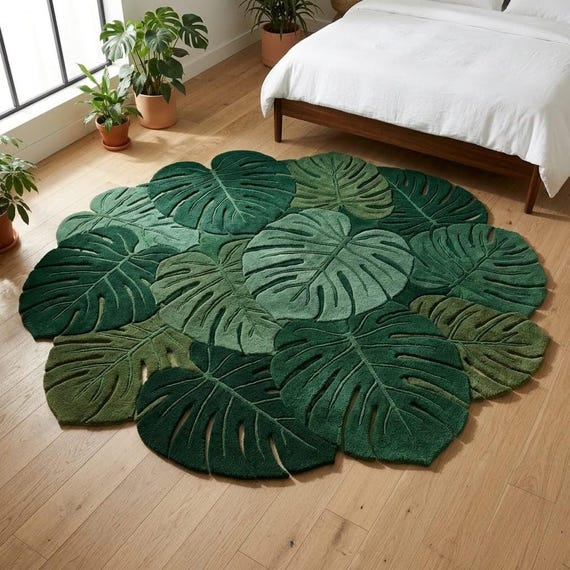 Monstera Leaf Wool Area Rug, Botanical Green Hand Tufted Rug, Tropical Boho Modern Carpet, Luxury Nature Inspired Rug, Living Room Decor