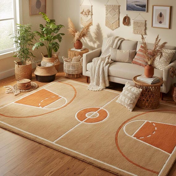 Basketball Court Area Rug, Sports Room Rug, Kids Playroom Rug, Hand Tufted Wool Rug, Game Room Decor, Custom Size Rug