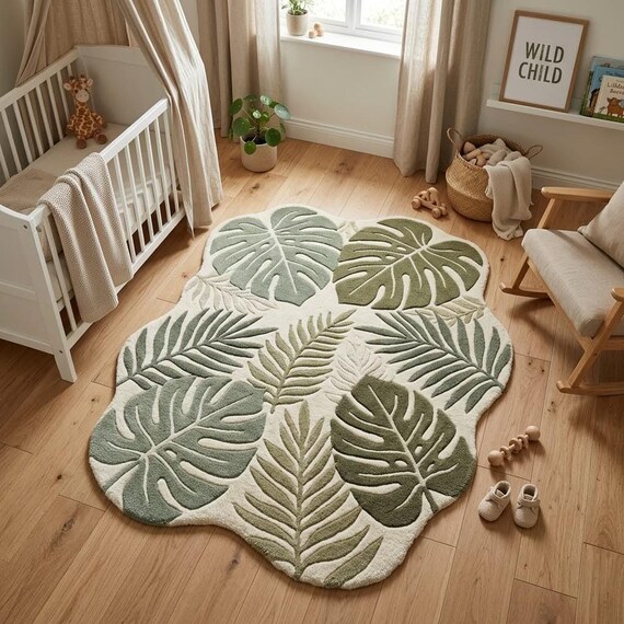 Hand Tufted Wool Leaf Rug, Tropical Botanical Monstera Palm Area Rug
