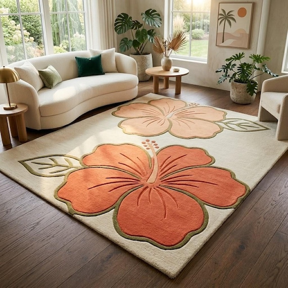 Hand Tufted Wool Rug, Tropical Hibiscus Floral Area Rug, Coral Blush Botanical Living Room