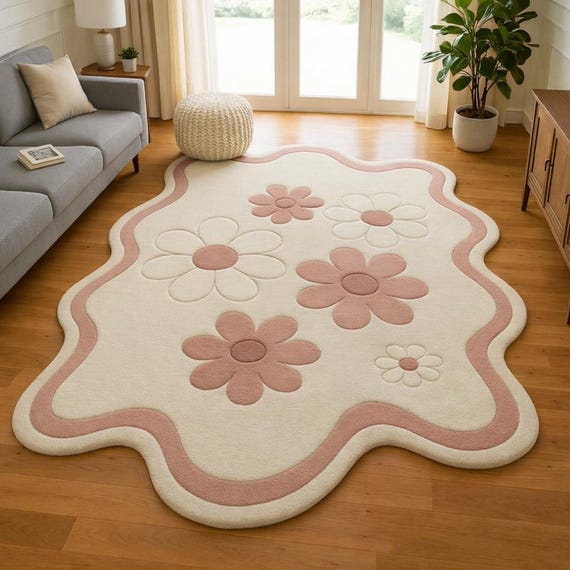 Handcrafted Wool Floral Rug, Pink Cream Wavy Border, Modern Nursery Carpet
