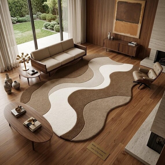 Abstract Hand Tufted Wool Rug, Organic Modern Beige Brown Area Rug, Mid Century Living Room Carpet, Custom Size Available