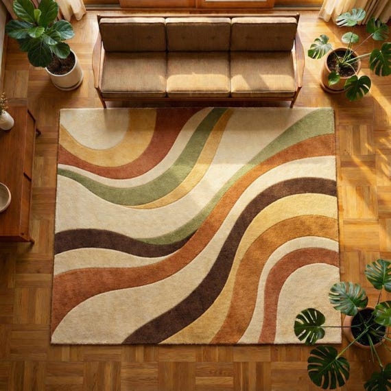 Hand Tufted Wool Area Rug Mid Century Wave Pattern Earth Tone Beige Brown Green Carpet for Living Room 8x10 9x12 Custom Size