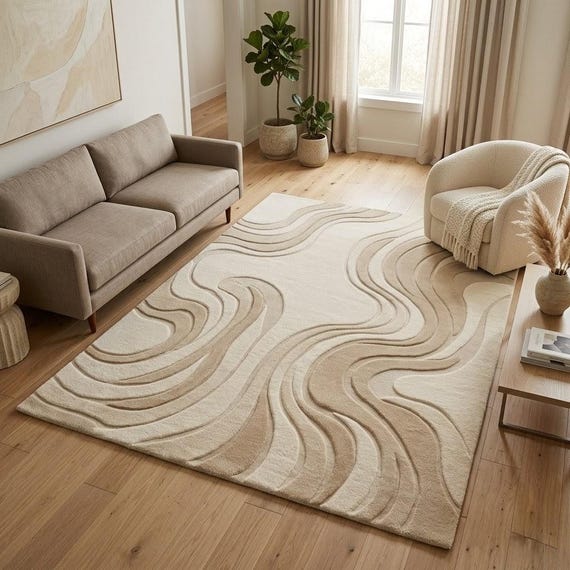 Hand Tufted Wool Rug, Abstract Beige Cream Wavy Carpet, Modern Scandinavian Living Room
