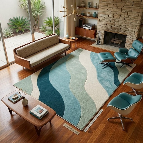 Abstract Wave Wool Rug, Blue Cream Ocean Carpet, Hand Tufted Mid Century Floor Decor