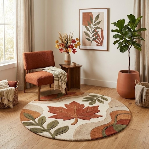 Round Autumn Leaf Rug, Handmade Wool Area Rug, Organic Modern Japandi Carpet, Scandinavian Tufted Rug, Custom Size 8x10 9x12