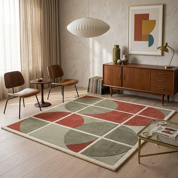 Mid Century Modern Wool Rug • Hand Tufted Terracotta Sage Green Geometric Area Rug for Living Room Bedroom • Custom Size Available