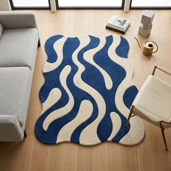 Blue Cream Abstract Wool Rug Mid Century Modern Hand Tufted New Zealand Wool Plush Area Rug 8x10 9x12 Custom Size