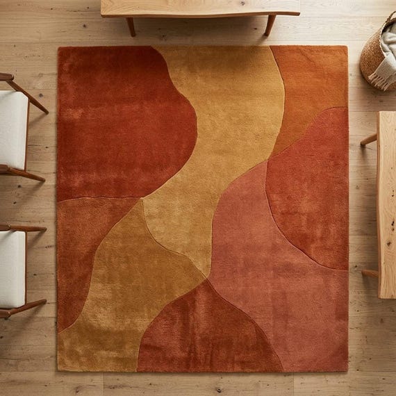 Hand Tufted Wool Rug, Abstract Terracotta Organic Shape Carpet, Mid Century Modern Area Rug