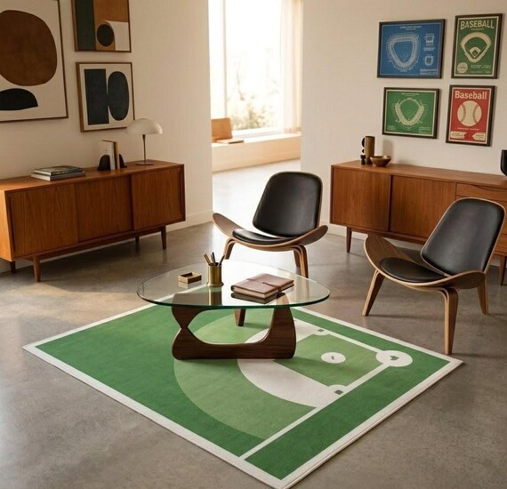 Baseball Field Area Rug - Green Mid Century Modern Hand Tufted Wool Rug for Nursery, Kids Room & Living Room, Custom Sizes Available
