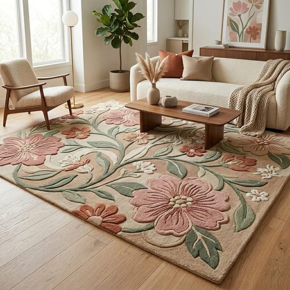 Floral Hand Tufted Wool Rug, Neutral Pink Green Botanical Area Rug, Modern Boho Living Room Carpet, Soft Plush Rug Custom Size Available