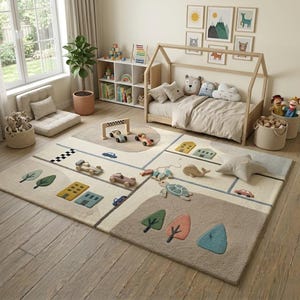 Kids Play Rug Road Map Nursery Rug Handmade Wool Scandinavian Playroom Carpet Soft Baby Rug Neutral Kids Room Decor 8x10 9x12 Custom