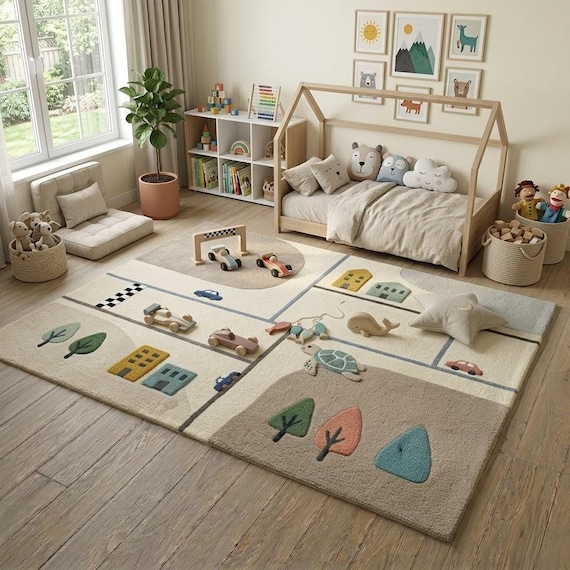 Kids Play Rug Road Map Nursery Rug Handmade Wool Scandinavian Playroom Carpet Soft Baby Rug Neutral Kids Room Decor 8x10 9x12 Custom