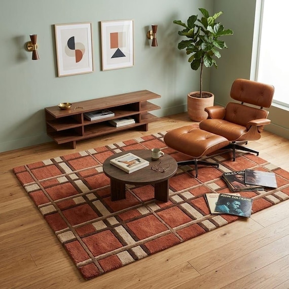 Mid Century Modern Abstract Wool Rug - Burnt Orange & Cream Hand Tufted Area Rug - Retro Geometric Plush Carpet - Custom Size Available