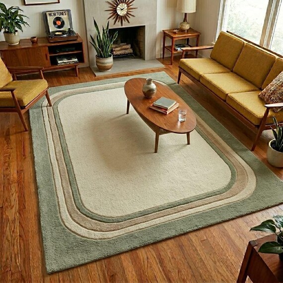 Hand Tufted Wool Rug, Cream Sage Border, Modern Minimalist Scandinavian Carpet