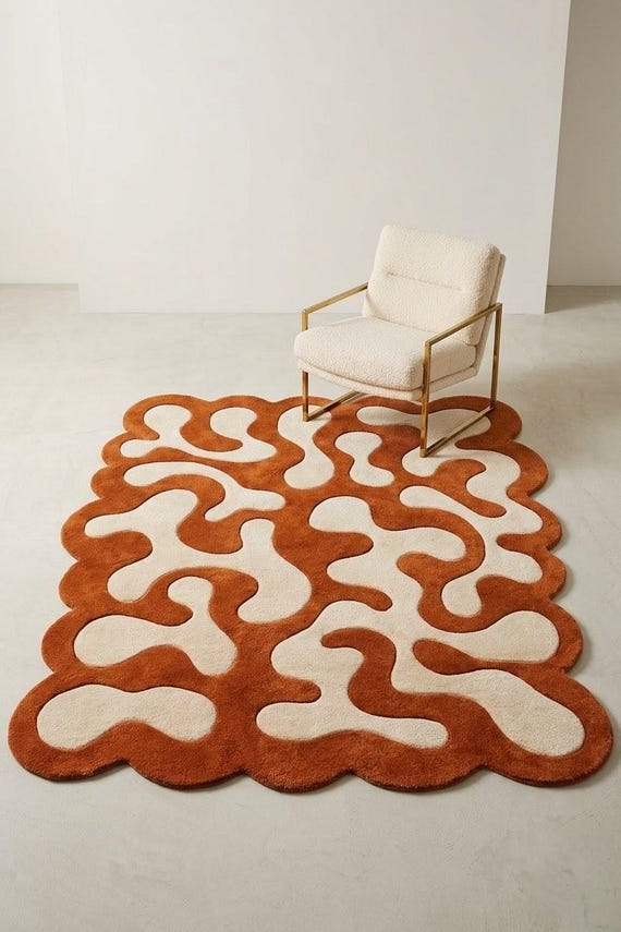 Abstract Terracotta Rug Hand Tufted Wool Modern Organic Shape Area Rug Neutral Cream Living Room Bedroom Rug Custom Size