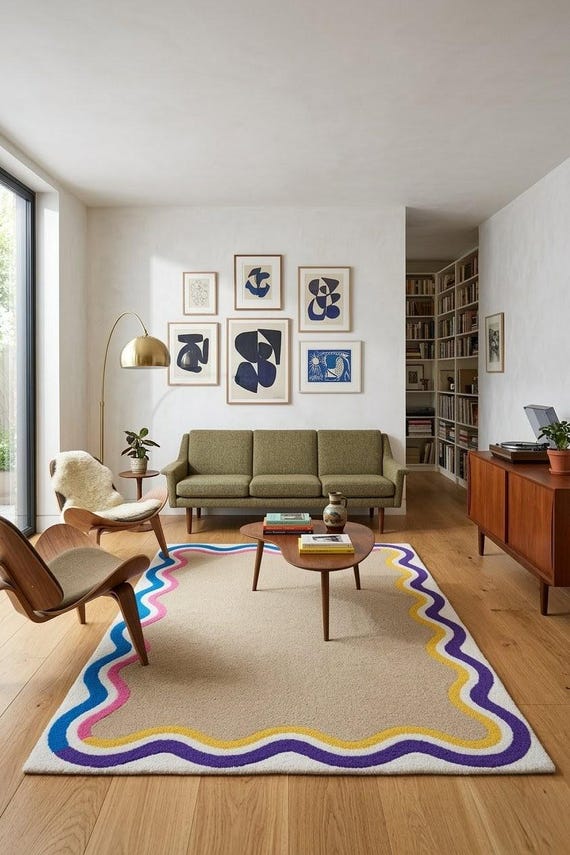 Colorful Wavy Border Wool Area Rug, Mid Century Modern Tufted Rug, Retro Boho Living Room Carpet, Soft Plush Statement Rug 8x10 9x12 Custom