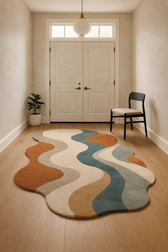 Modern Abstract Wavy Area Rug Handmade Neutral Earth Tone Statement Carpet Home Decor Living