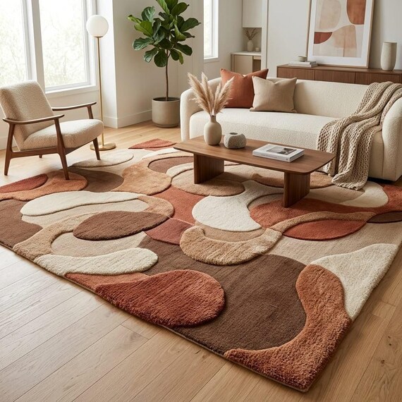 Abstract Modern Area Rug Neutral Terracotta Beige Wool Hand Tufted Rug Boho Organic Living Room Rug Custom Size Available