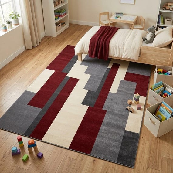Geometric Area Rug Modern Hand Tufted Wool Red Gray Cream Abstract Luxury Living Room Rug Soft Plush Carpet Custom Size 8x10 9x12