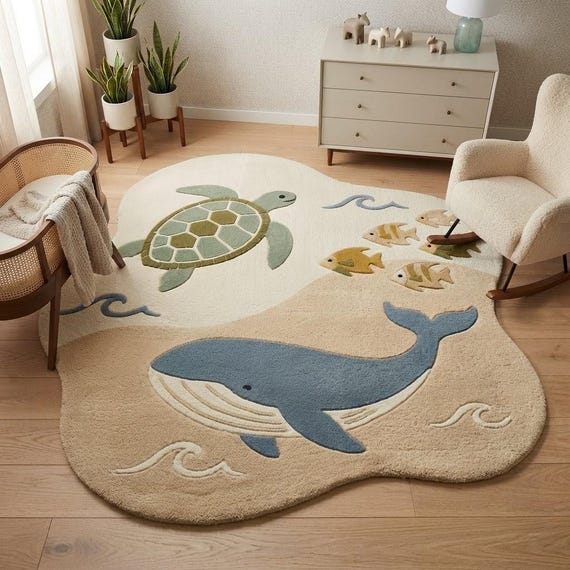 Hand Tufted Wool Whale Turtle Kids Rug, Ocean Nursery Play Area Rug