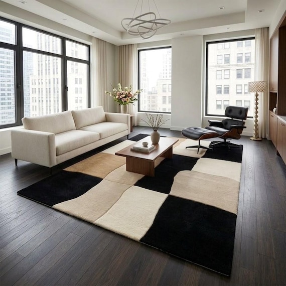 Modern Abstract Wool Rug, Contemporary Black Beige  Tan Area Rug, Minimalist Geometric Living Room Rug, Custom Size Available