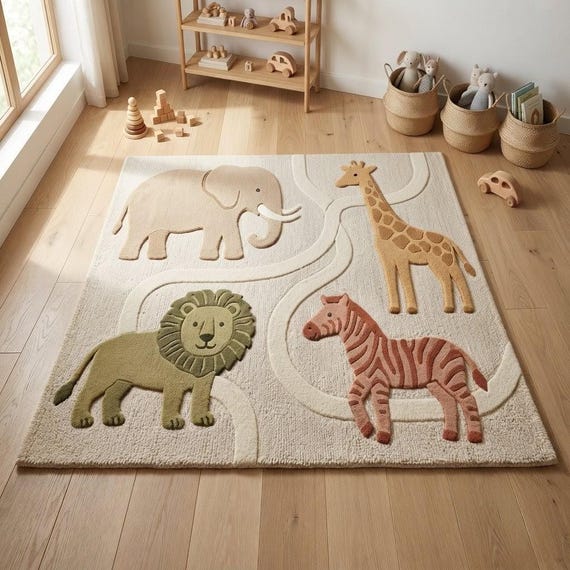 Safari Animal Hand Tufted Wool Rug, Lion Elephant Giraffe Zebra Nursery Playroom Carpet