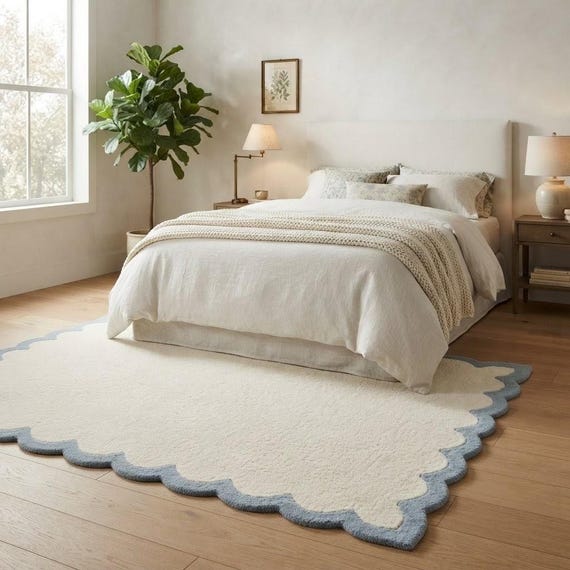 Scalloped Wool Rug, Cream and Blue Hand Tufted Area Rug, Modern Coastal Living Room Decor, Aesthetic Bedroom Rug, Custom Size Available