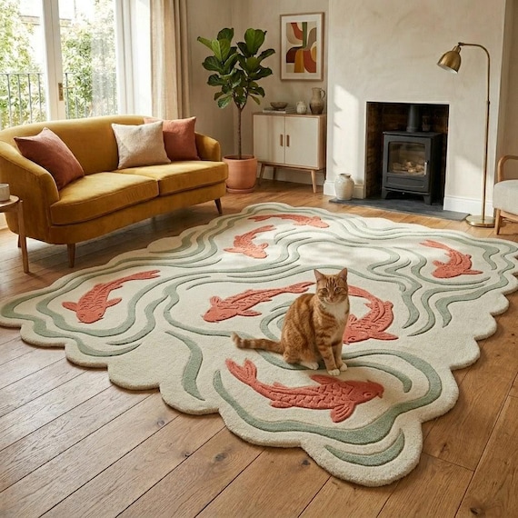 Hand Tufted Koi Fish Rug, Modern Coastal Wool Area Rug, Cream Sage Green Coral Pink Nursery & Living Room Carpet, Custom Size Available